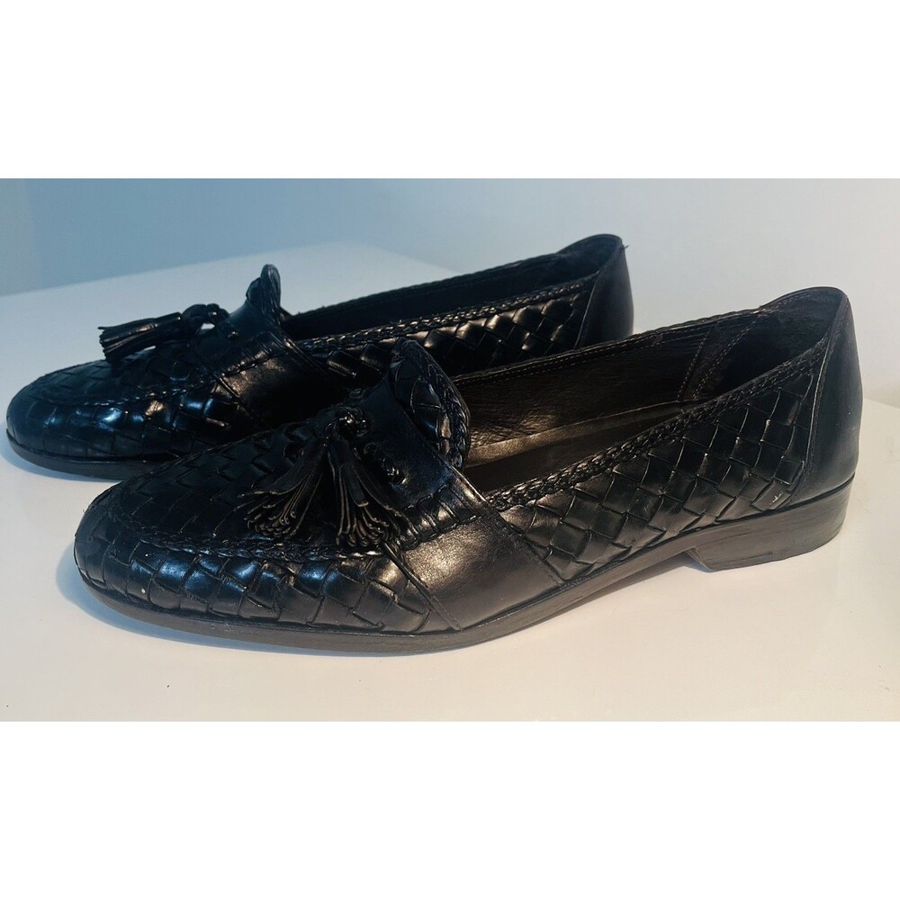 Bragano Mens 9.5 N Black Woven Leather Tassel Loafers Made in Italy Narrow